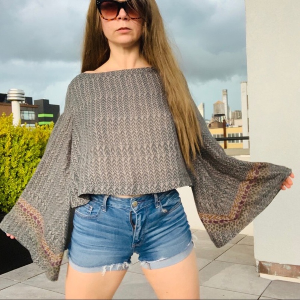 Free People Geometric Abstract Chevron Boatneck Statement Flare Bell Sleeve Top - Picture 16 of 16